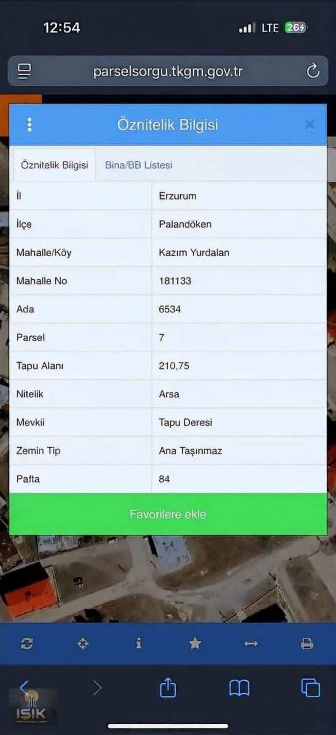 ERZURUM SATILIK ARSA 210M² PALANDÖKEN ABDURRAHMAN GAZI